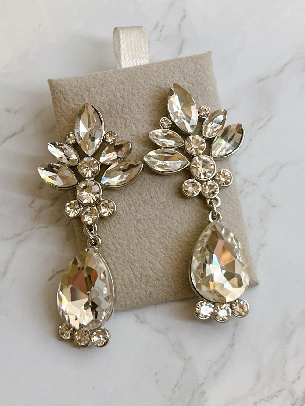 Crystal silver plated 2” dangle pear marquise cut faceted earrings